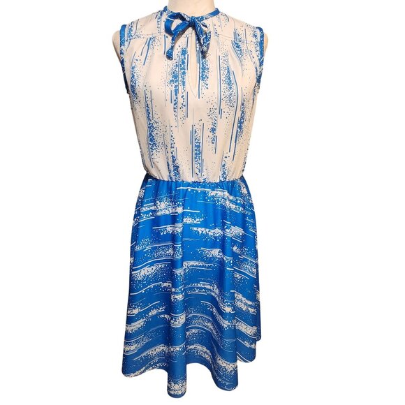 Unbranded Dresses & Skirts - Vintage 70s Women's Size 12 Blue White Sleeveless Polyester Dress Bow Tie Neck